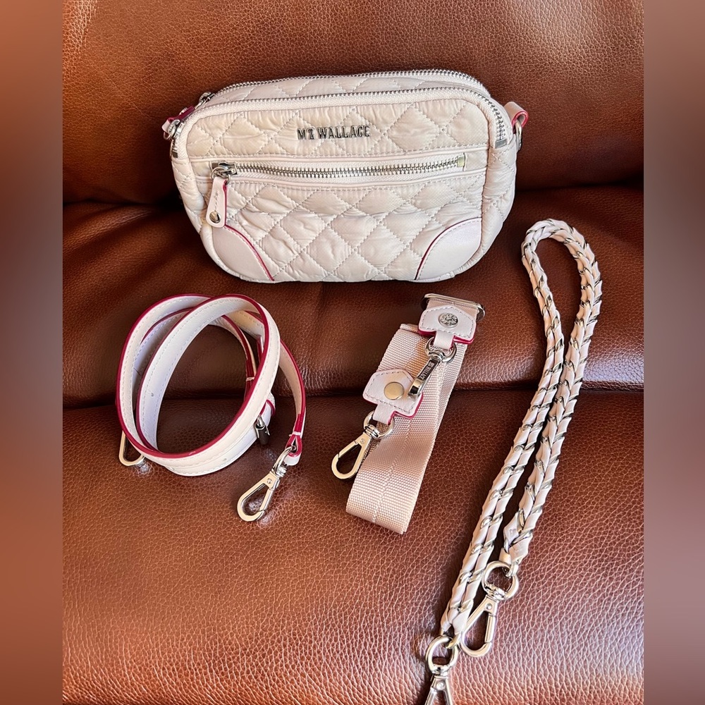MZ Wallace Mini Crosby Crossbody Tote  3 Straps Pink Beige mushroom Excellent
